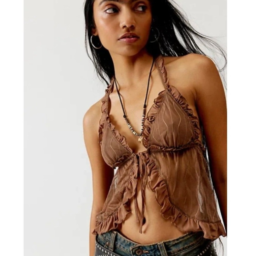 Out From Under Brown Sheer Mesh Ruffle Halter Top Small Medium V-Neck Tie Front